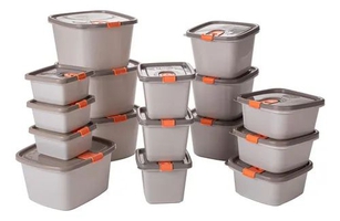 Conjunto 16 Potes Plásticos com Tampa Fixa Plasútil Cinza e Laranja