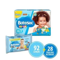 Kit 28 Fraldas Babysec Ultrasec Xxg 92 Lenços Umedecidos | R$60