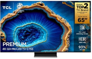 Smart TV 65" QLED 4K TCL Mini LED 65C755 com processador AIPQ, Google TV, HDR10+, Wi-Fi, Google Assistente, Dolby Vision e Atmos