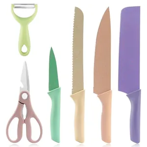 Kit 6 Facas Cozinha, Lâmina Aço Inoxidável Revestimento Antiaderente Cerâmica, Facas Talheres Multicoloridas