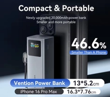(Cashback Pelando R$183,85/BR)  Vention 20.000mAh Carregamento rápido 100w para IPhone 16 IPad Laptop