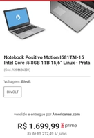 [R$1455 com AME] Notebook Positivo Motion I581TAI-15 Intel Core i5 8GB 1TB 15,6” Linux - Prata