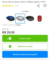 Mouse sem fio Logitech M170 - 1000dpi | R$ 40