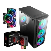 Kit Gabinete Gamer Brazil Pc C3147 Mid Twer, Fonte 500w, LED, ATX, Micro-ATX, Lateral Vidro, + Kit 3 Cooler ARGB