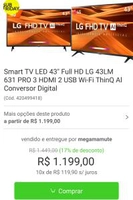 [Com AME R$1.080] Smart TV LED 43" Full HD LG 43LM 631 PRO - R$ 1.199
