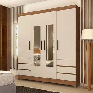 Guarda-Roupa Demóbile Mônaco com 4 Portas, 6 Gavetas e Espelho - 195cm de largura - Amêndola e Off White