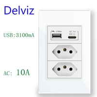 [Taxa Inclusa] Conjunto 2 tomadas 10A + 2 Portas USB, Painel de Vidro 110 - 250V