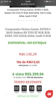 COMPUTADOR PICHAU GAMER, RYZEN 5 3600, RADEON RX 5700 XT 8GB, 8GB DDR4, SSD 512GB, 600W, GADIT X RGB R$5399
