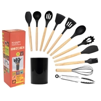 Mozcada - Kit 11 Utensílios de Silicone com Cabo de Madeira e Suporte
