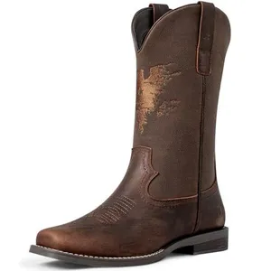 Botas Masculinas Couro Western Bordado Marrom