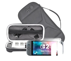 Capa Rígida Preta 3 em 1 para Nintendo Switch 2 (2025) – Bolsa Portátil com Alça de Silicone + 2 Películas Temperadas