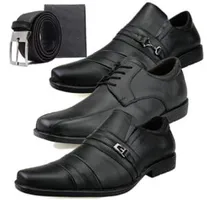 Kit 3 Pares Sapato Social em Couro Masculino Preto com Cinto e Carteira [PRIME]