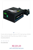 Fonte GameMax GM500 80 Plus | R$ 251