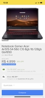 12x sem juros Notebook Gamer Acer An515-54-58cl Ci5 8gb 1tb 128gb Gtx1650