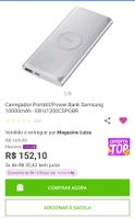 [R$152 - Clube da Lu] Power Bank Wireless Samsung 10000mAh - R$170