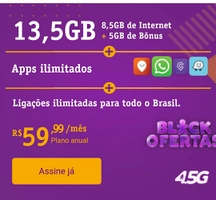 Vivo Controle 13,5 GB + Apps Ilimitados + Ligações Ilimitadas por R$59,99