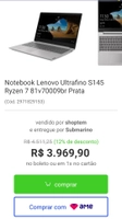 Notebook Lenovo Ultrafino ideapad S145 Ryzen 7 8GB 512GB SSD W10 15.6" Full HD | R$3969