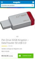 Pen Drive 32GB Kingston - DataTraveler 50 USB 3.0 - R$26