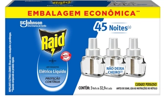 Raid Repelente Eletrico Líquido Refil, Até 45 Noites de Proteção, 3 unidades de 32,9ml