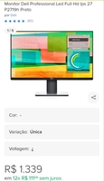 Monitor Dell Professional Led Full Hd Ips 27 P2719h Preto | R$1188