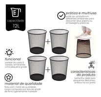 Kit 4 lixeira metal premium aramado cesto lixo escritório 8l preto Rishon R109