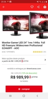 [R$880 AME] Monitor Gamer LED 24" 1ms 144hz Full HD Freesync G2460PF - AOC | R$1099