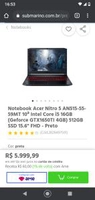 Notebook Acer Nitro 5 10ª Intel Core i5 16GB (Geforce GTX1650TI 4GB) 512GB SSD 15.6" | R$6100