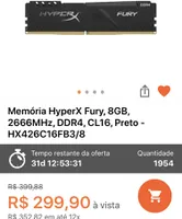 Memória Hyperx Fury, 8GB, 2666MHz, CL16 - R$300