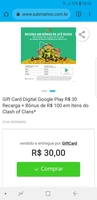 [Primeira Compra] Gift Card R$30 Recarga + Bônus de R$100 em itens do Clash of Clans R$20