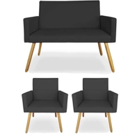 Kit Namoradeira Nina com 2 Poltronas Pés Madeira Suede Preto | R$456