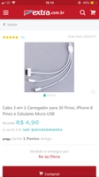 Cabo 3 em 1 Carregador para 30 Pinos, iPhone 8 Pinos e Celulares Micro USB - R$5