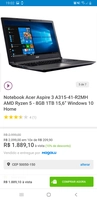 Notebook Acer Aspire 3 A315-41-R2MH AMD Ryzen 5 - 8GB R$ 1889