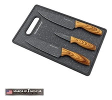 Conjunto 3 Facas Inox com Tábua Grey Stone
