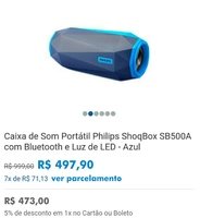 Caixa de Som Portátil Philips ShoqBox SB500A com Bluetooth e Luz de LED - Azul - R$ 498