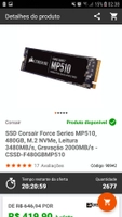 SSD Corsair Force Series MP510, 480GB, M.2 NVMe, Leitura 3480MB/s, Gravação 2000MB/s - CSSD-F480GBMP510 R$420