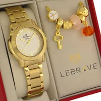 Relógio Champion Feminino Dourado Ouro CN24128S prova d'água + pulseira berloque + 1 ano de garantia