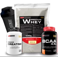 Kit Whey Protein 500g + BCAA 100g + Power Creatina 100g + Coqueteleira - Bodybuilders
