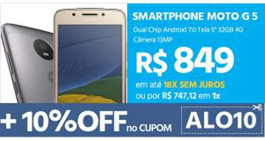 [Cartão Submarino] Smartphone Moto G 5 Dual Chip Android 7.0 Tela 5" 32GB 4G Câmera 13MP por R$ 672