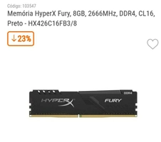 Memória HyperX Fury, 8GB, 2666MHz, DDR4, CL16, Preto - R$290