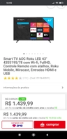 Smart TV AOC Roku LED 43'' 43S5195/78 com Wi-fi, FullHD, Controle Remoto com atalhos, Roku Mobile, Miracast, Entradas HDMI e USB
