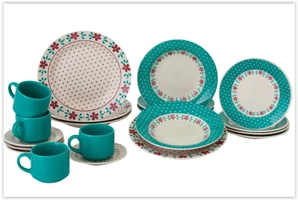Jogo de Jantar 20 Peças Cerâmica Branco e Azul