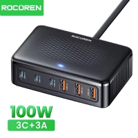 [R$40 "MOEDAS"/TAXA INCLUSA] Estação de Carga GaN Rocoren 100W 6 Portas #Aliexpress 🇨🇳
