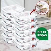 Kit 10 Potes Vidro Hermético 370ml Retangular 4 Travas Marmita Premium