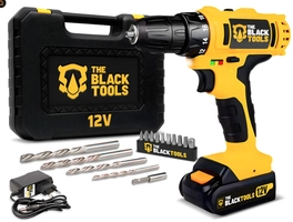  [Meli+] Parafusadeira E Furadeira Sem Fio Bateria 3/8 10mm Com Maleta E Acessorios The Black Tools Bivolt