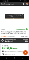 Memória HyperX Fury, 8GB, 2666MHz, DDR4, CL16, Preto - HX426C16FB3/8 | R$199