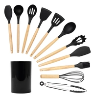 Kit 11 Utensílios Silicone Com Cabo Madeira E Suporte - Tud