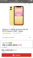 iPhone 11 128GB Amarelo | R$4.094 ($400,00 de cash back no AME)