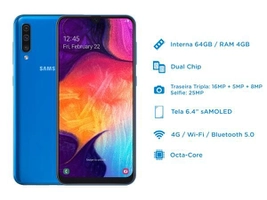 Smartphone Samsung Galaxy A50 64GB Azul 4G - 4GB RAM 6,4” Câm. Tripla + Câm. Selfie 25MP
