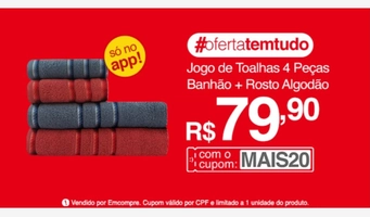 [App] Jogo de Toalhas 4 Peças Banhão + Rosto Algodão Appel | R$67