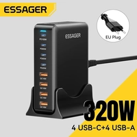 [Taxa Inclusa] Carregador ESSAGER GaN 320W (4xUSB-C + 4xUSB-A) - PD 100W